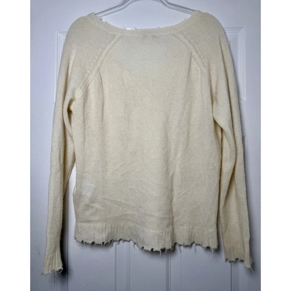 Minnie Rose 100% Cashmere Distressed V Neck Sweater Ivory Women's M Soft